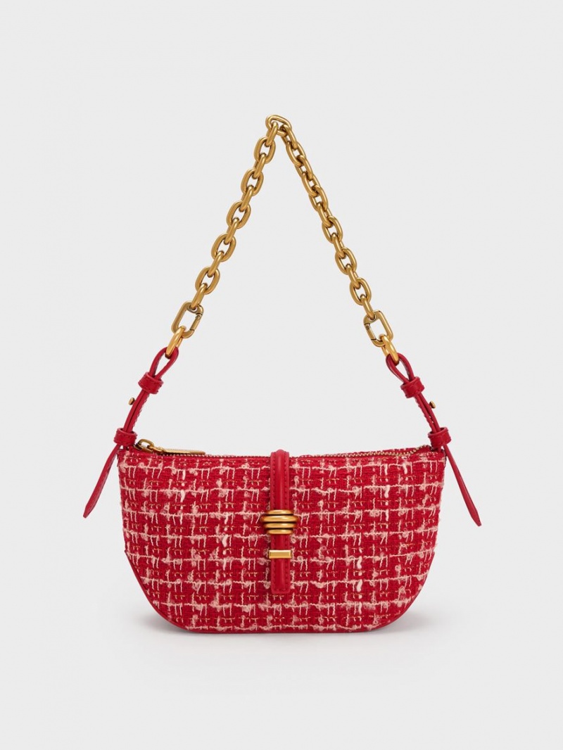 Charles & Keith Trudy Tweed Belted Geometric Skulderveske Rød | ATSHG1082