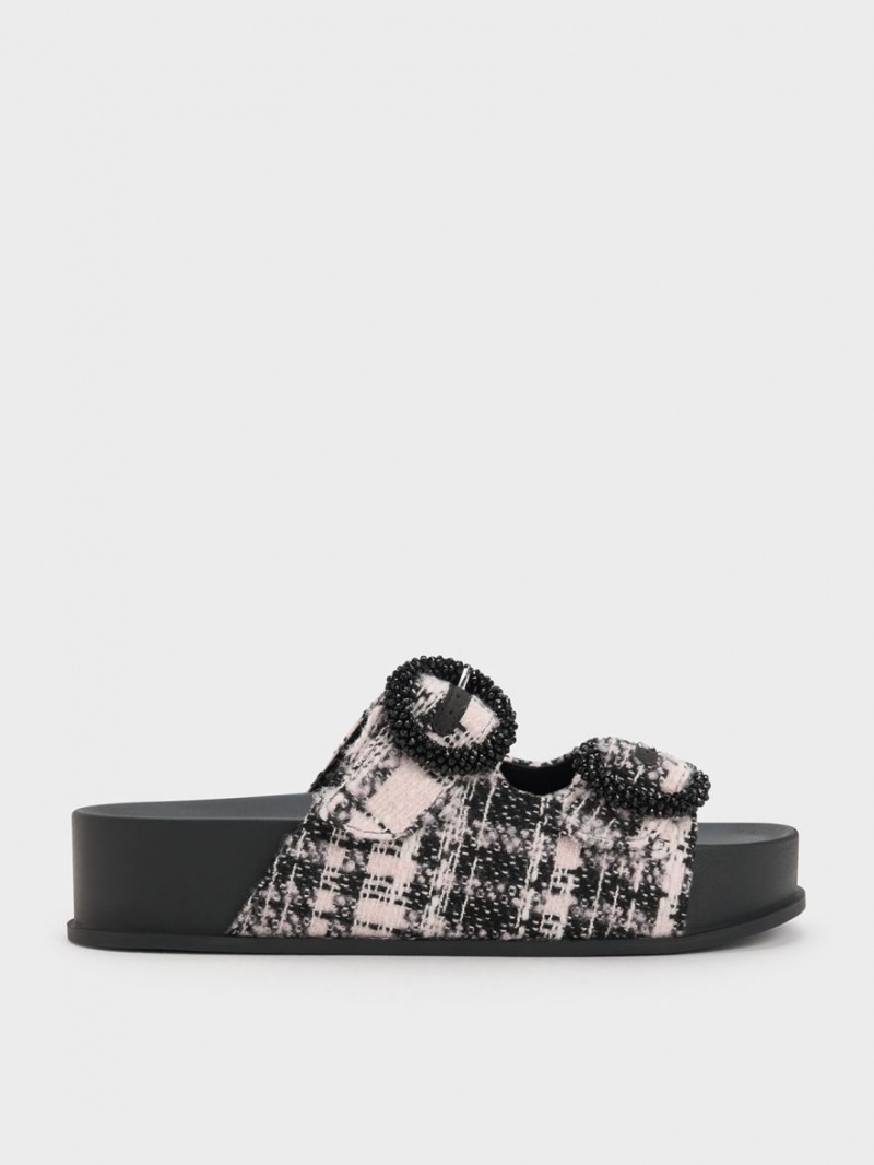 Charles & Keith Tweed Beaded Circle Slidesandaler Svarte | LOZJU7905