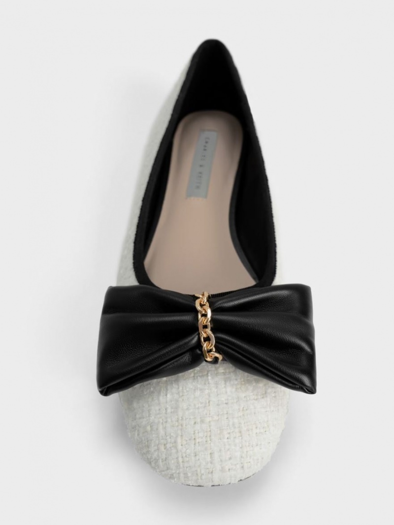 Charles & Keith Tweed Chain-Link Bow Ballerinasko Hvite | XYOKF1675