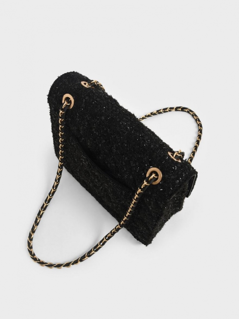 Charles & Keith Tweed Chain Reima Skulderveske Svarte | LRSDX5742