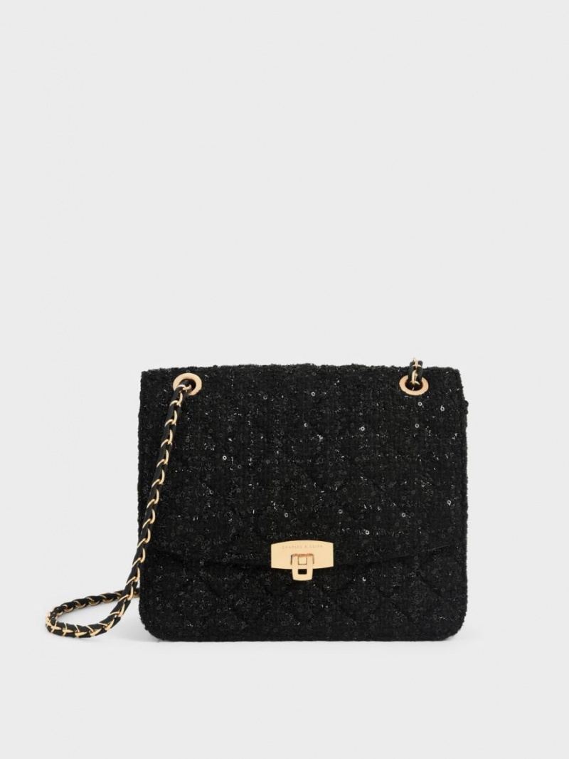 Charles & Keith Tweed Chain Reima Skulderveske Svarte | LRSDX5742