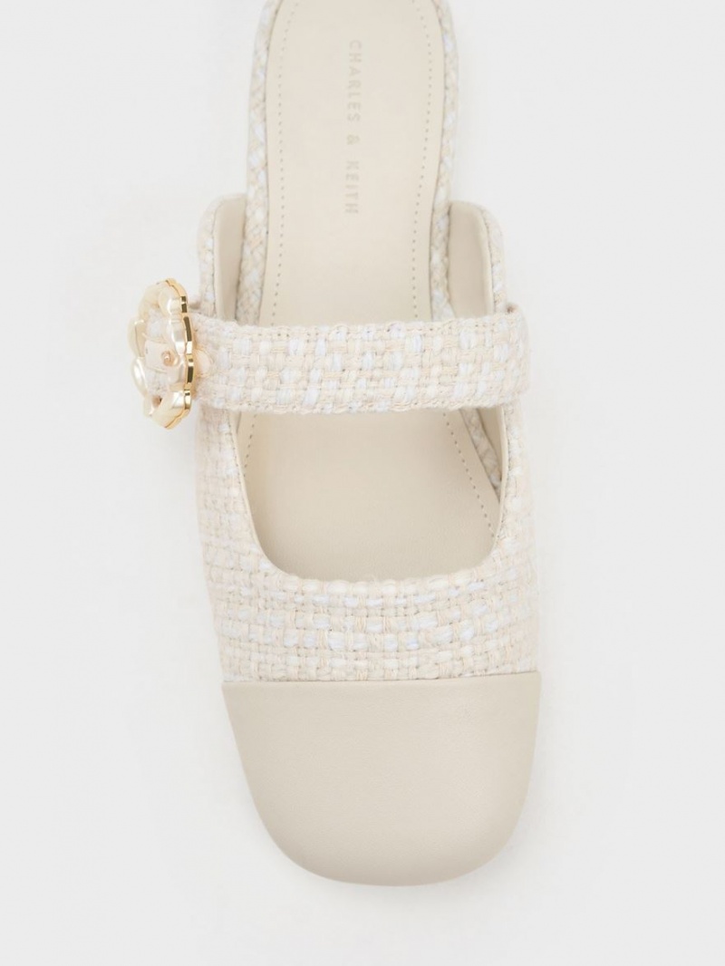 Charles & Keith Tweed Pearl Spenne Mary Jane Mules Sko Hvite | OBQDC7651