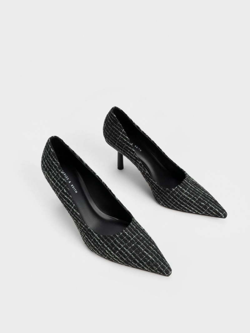 Charles & Keith Tweed Pointed-Tå Cylindrical Heel Pumps Svarte | HOQWV9602