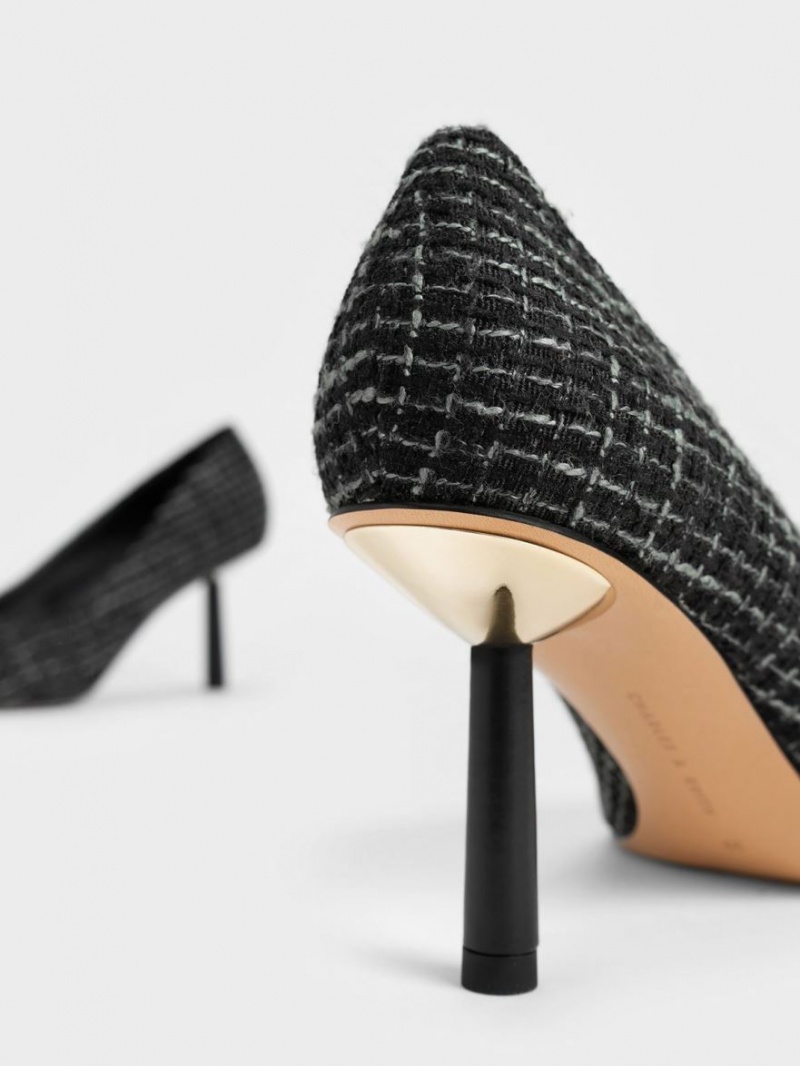 Charles & Keith Tweed Pointed-Tå Cylindrical Heel Pumps Svarte | HOQWV9602