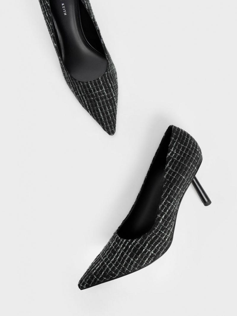 Charles & Keith Tweed Pointed-Tå Cylindrical Heel Pumps Svarte | HOQWV9602