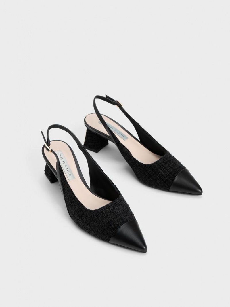 Charles & Keith Tweed Tå Cap Slingback Pumps Svarte | DGBPC5638