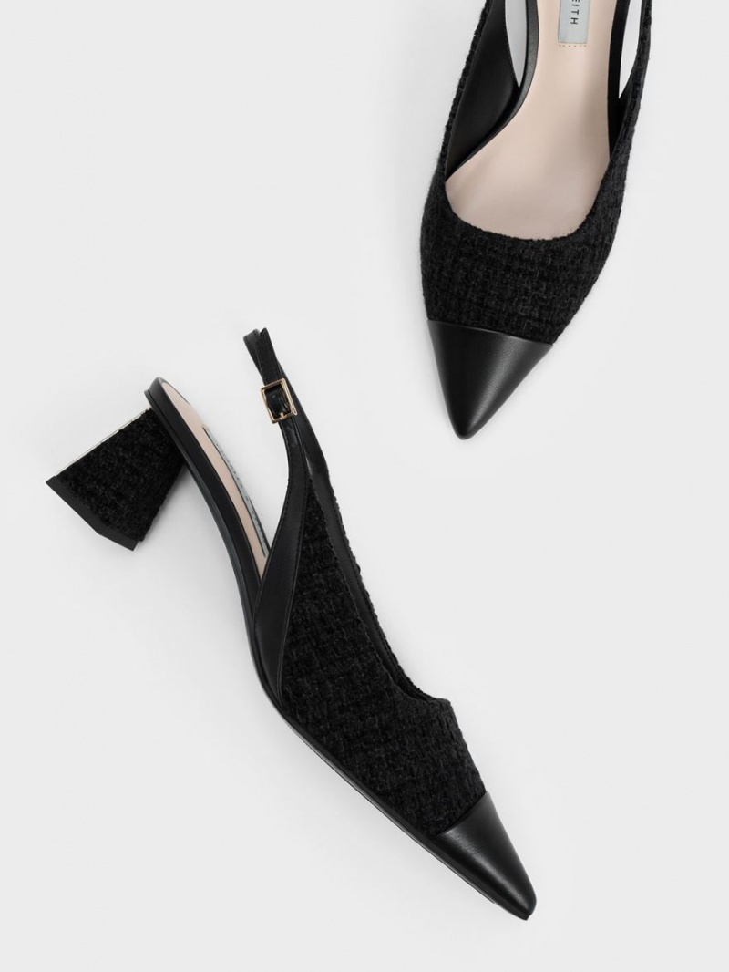 Charles & Keith Tweed Tå Cap Slingback Pumps Svarte | DGBPC5638