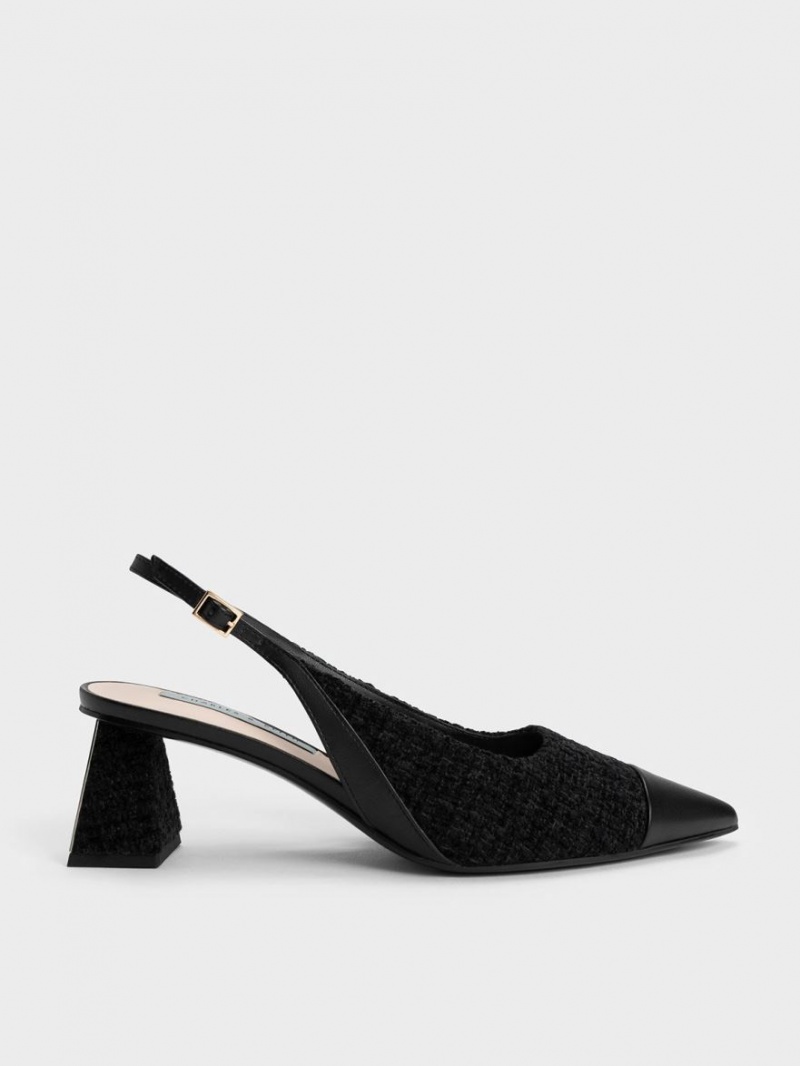 Charles & Keith Tweed Tå Cap Slingback Pumps Svarte | DGBPC5638