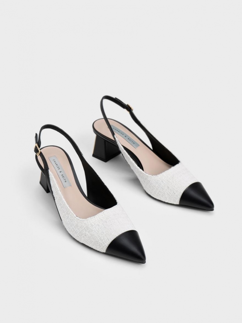 Charles & Keith Tweed Tå Cap Slingback Pumps Hvite | WJNEP3451