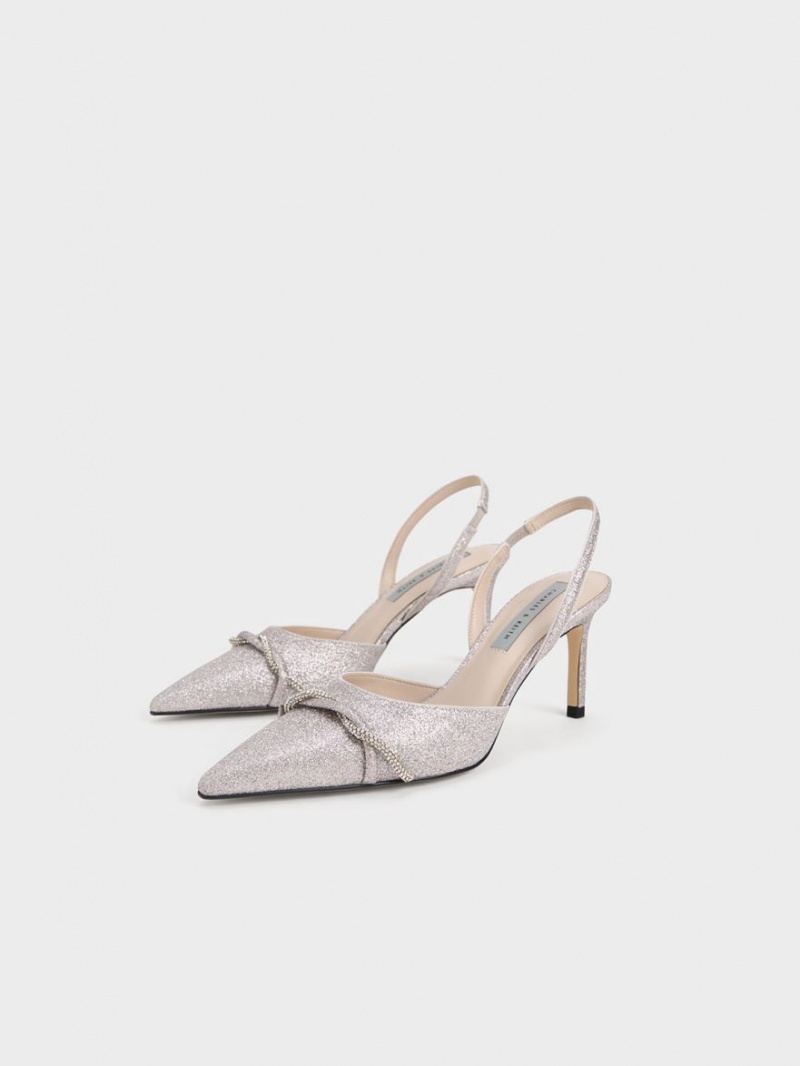 Charles & Keith Twist Detail Glittered Slingback Pumps Sølv | TOJHE2614