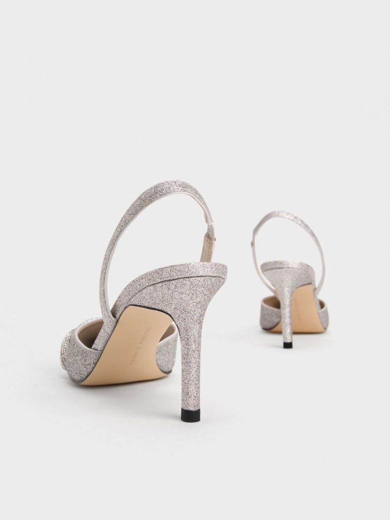 Charles & Keith Twist Detail Glittered Slingback Pumps Sølv | TOJHE2614