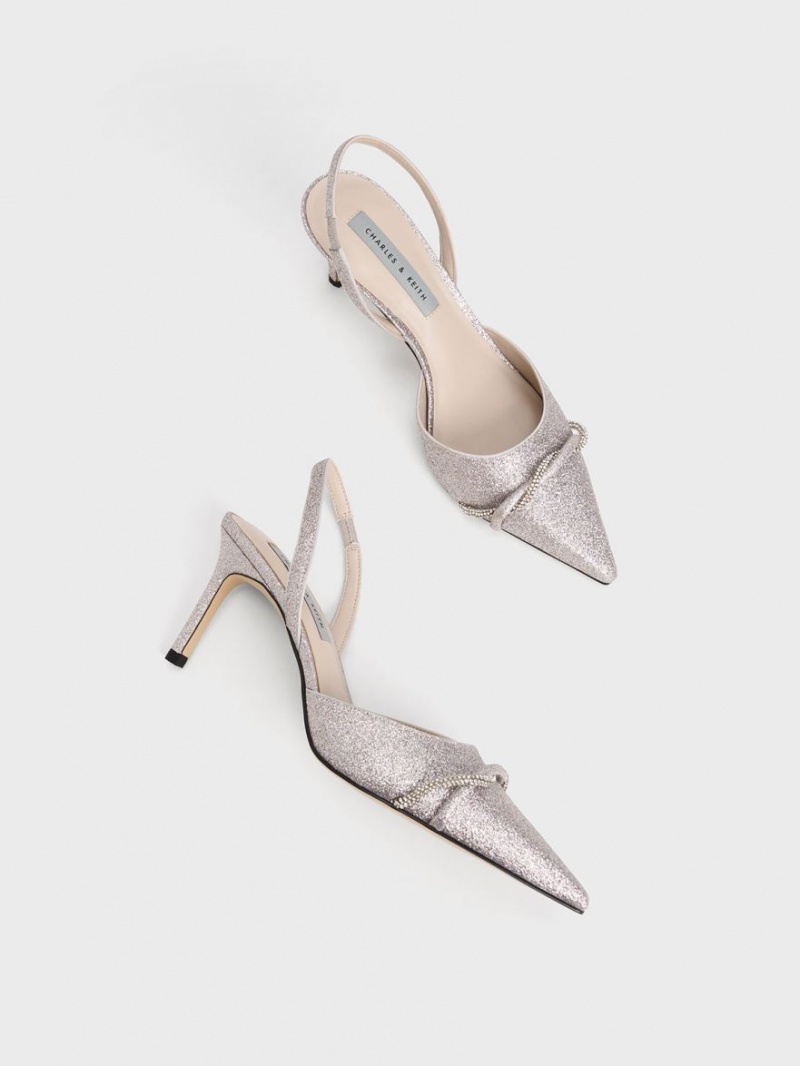 Charles & Keith Twist Detail Glittered Slingback Pumps Sølv | TOJHE2614