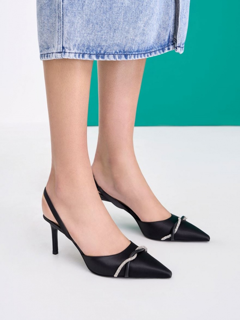 Charles & Keith Twist Detail Satin Slingback Pumps Svarte | MGYQV2869