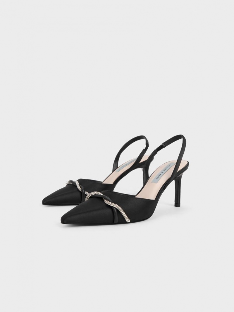 Charles & Keith Twist Detail Satin Slingback Pumps Svarte | MGYQV2869