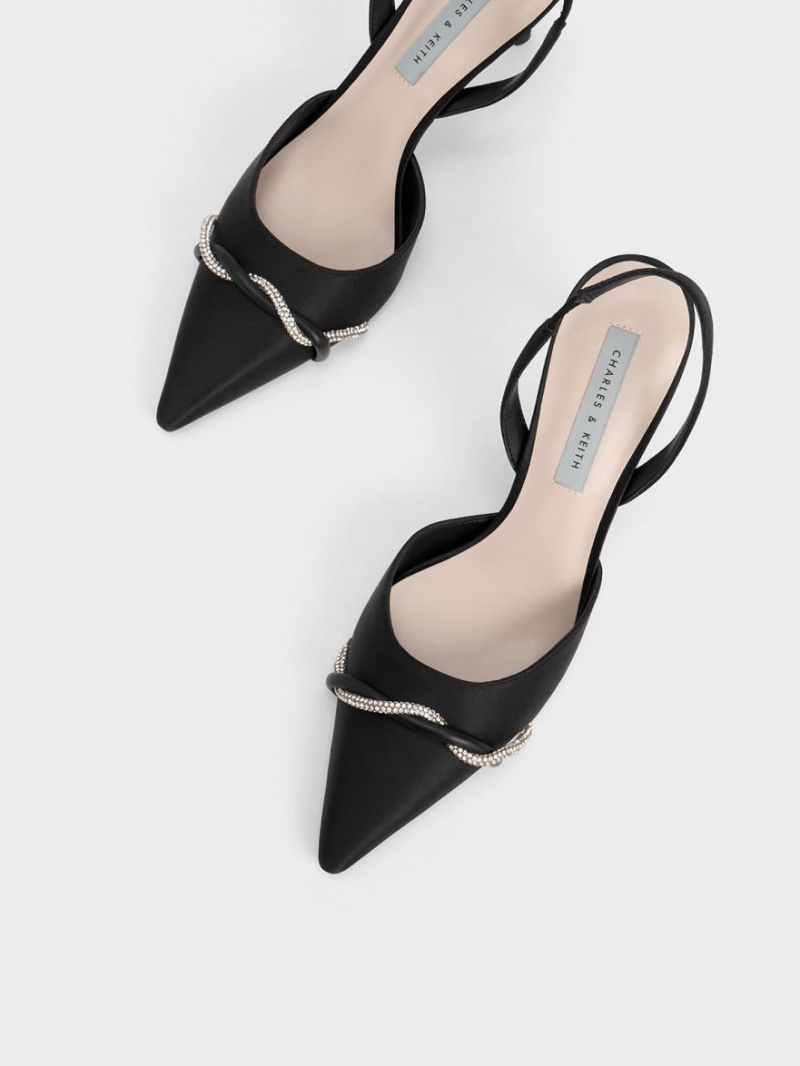 Charles & Keith Twist Detail Satin Slingback Pumps Svarte | MGYQV2869