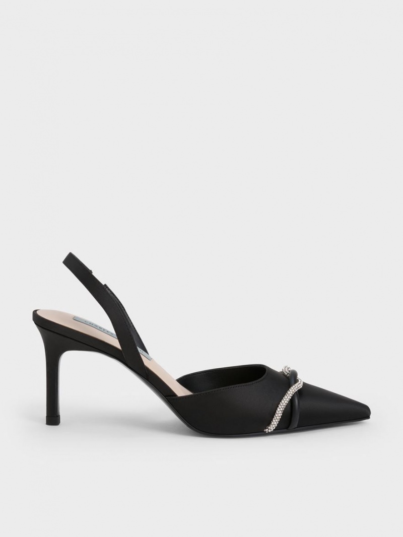 Charles & Keith Twist Detail Satin Slingback Pumps Svarte | MGYQV2869