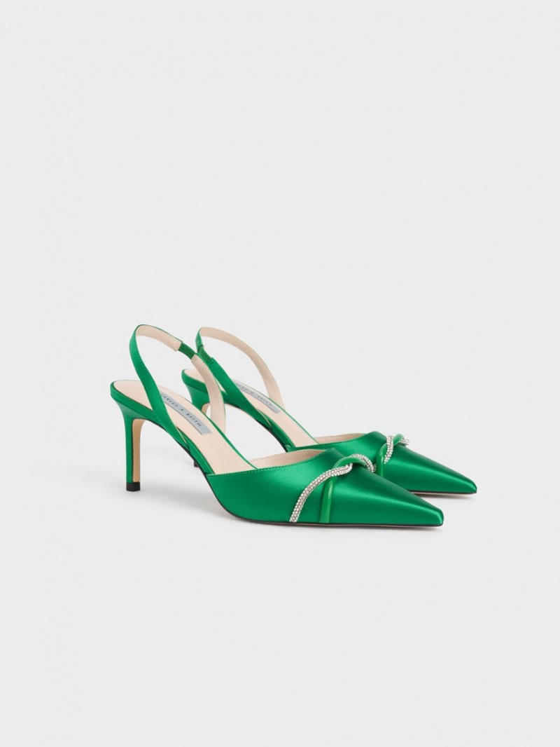 Charles & Keith Twist Detail Satin Slingback Pumps Grønn | EGJTV9675