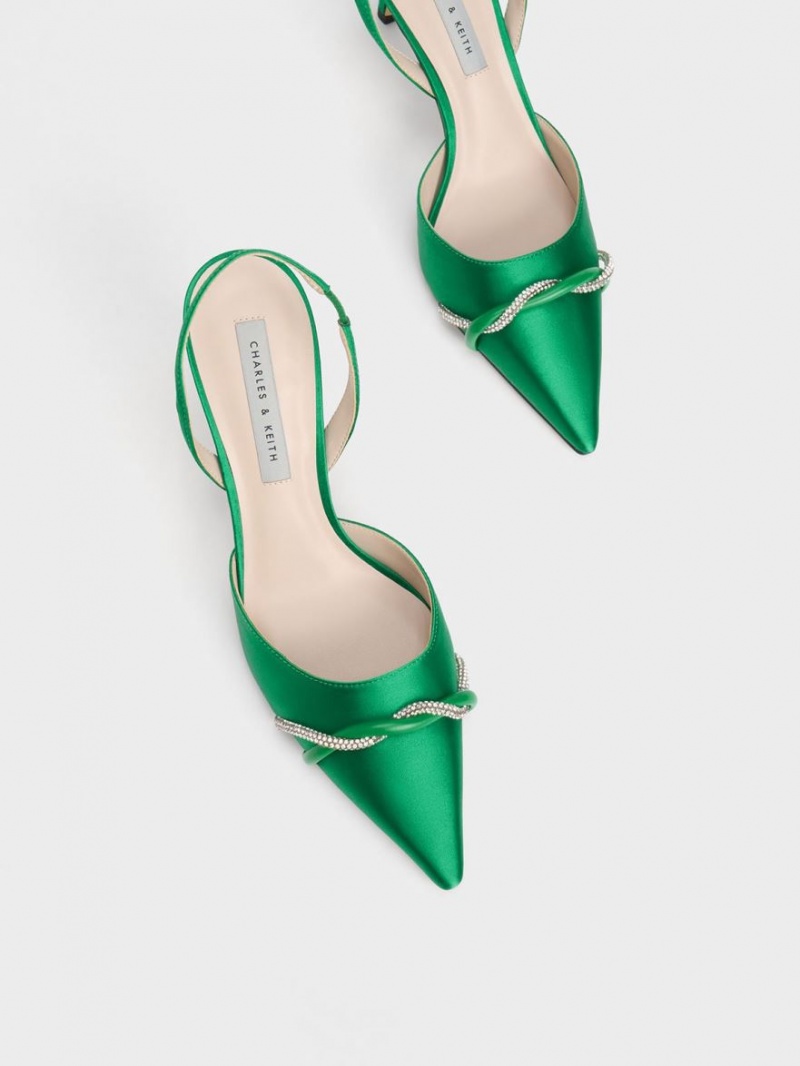 Charles & Keith Twist Detail Satin Slingback Pumps Grønn | EGJTV9675