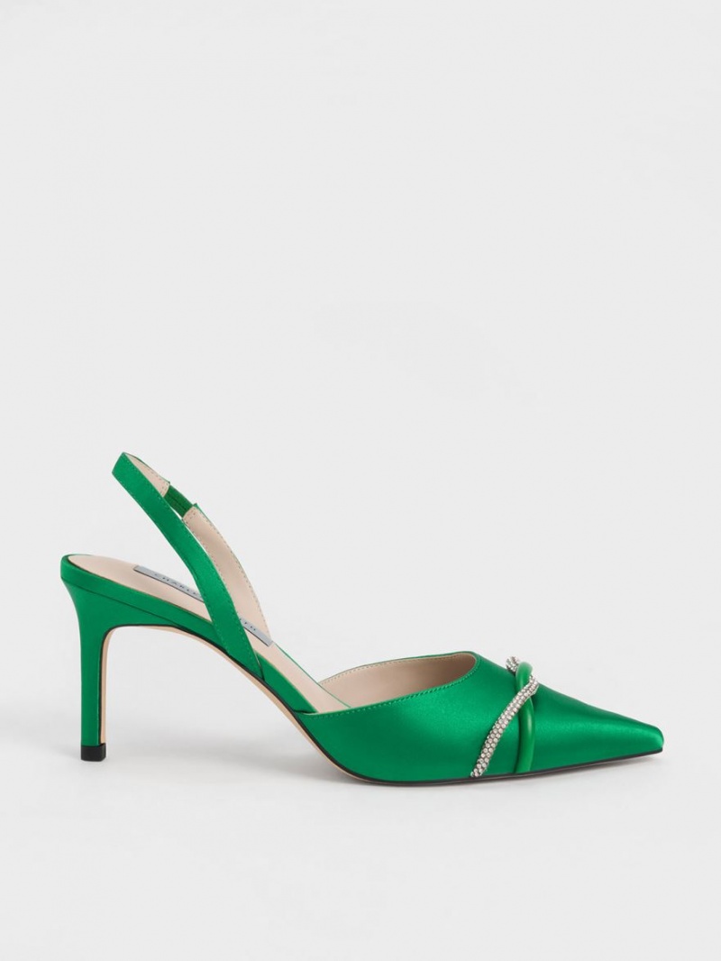 Charles & Keith Twist Detail Satin Slingback Pumps Grønn | EGJTV9675