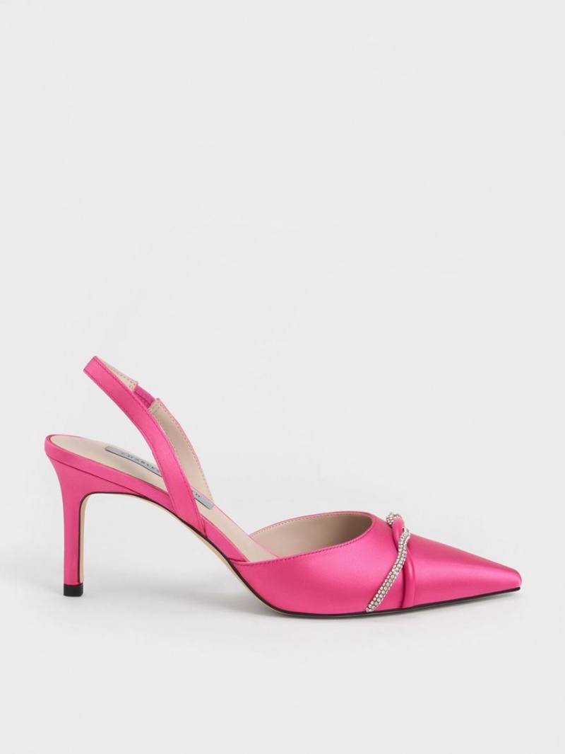 Charles & Keith Twist Detail Satin Slingback Pumps Rosa | MUFZE1046