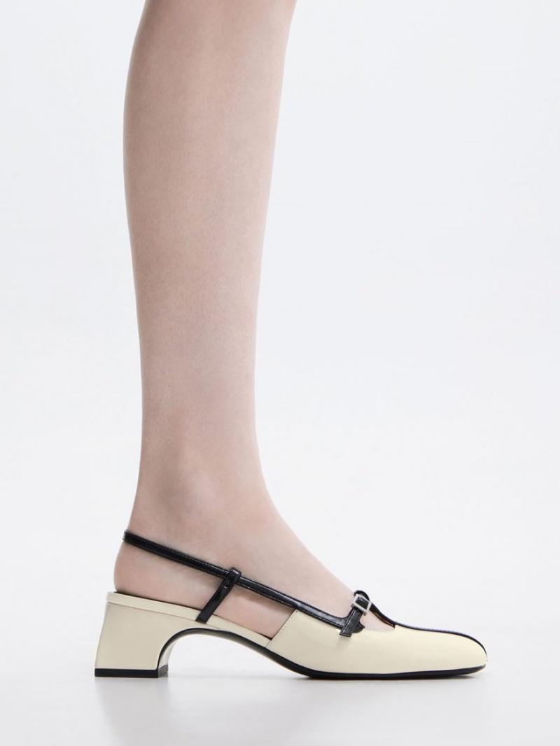 Charles & Keith Two-Tone T-Bar Slingback Pumps Pisket Krem | BHQYM9871