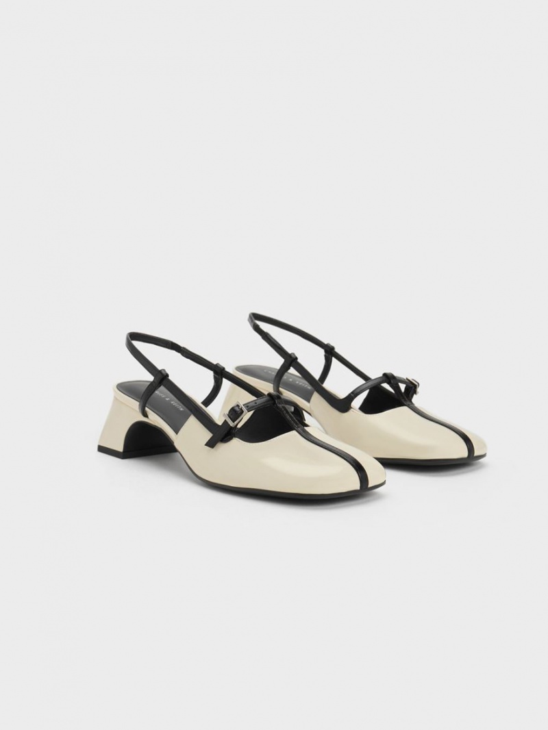 Charles & Keith Two-Tone T-Bar Slingback Pumps Pisket Krem | BHQYM9871