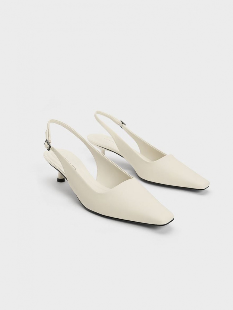 Charles & Keith Vita Square-Tå Slingback Pumps Hvite | OFCGM2459