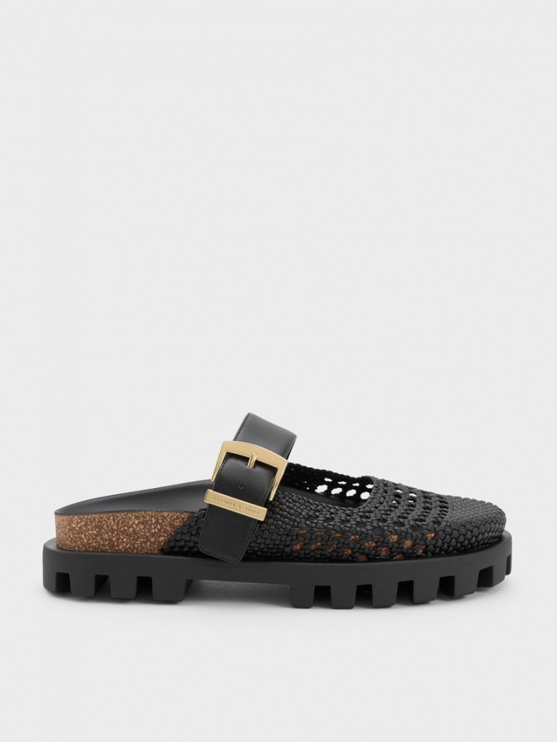 Charles & Keith Woven Buckled Flate Mules Sko Svarte | XEZUK6384