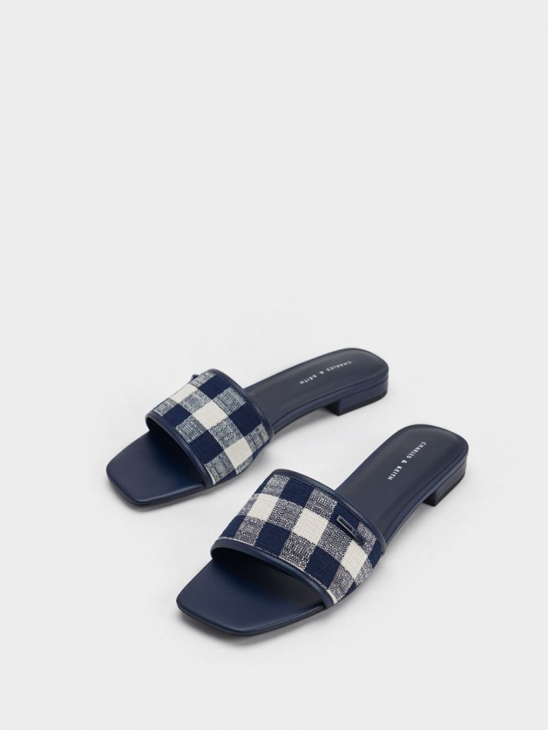 Charles & Keith Woven Gingham Flate Sandaler Mørke Blå | UAROZ2607