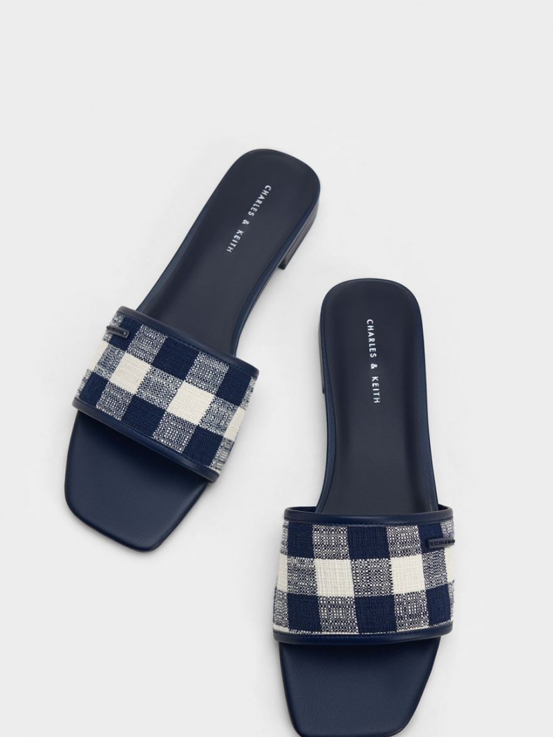 Charles & Keith Woven Gingham Flate Sandaler Mørke Blå | UAROZ2607