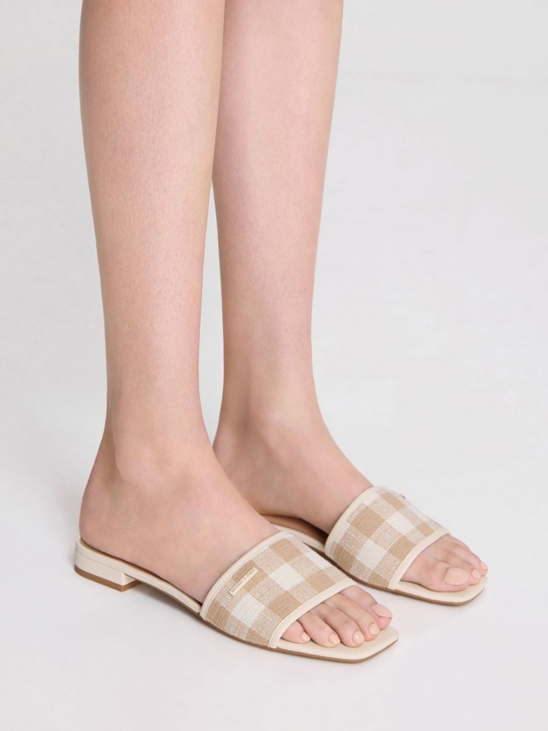 Charles & Keith Woven Gingham Flate Sandaler Beige | JTMOK2043