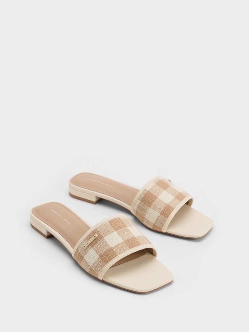 Charles & Keith Woven Gingham Flate Sandaler Beige | JTMOK2043