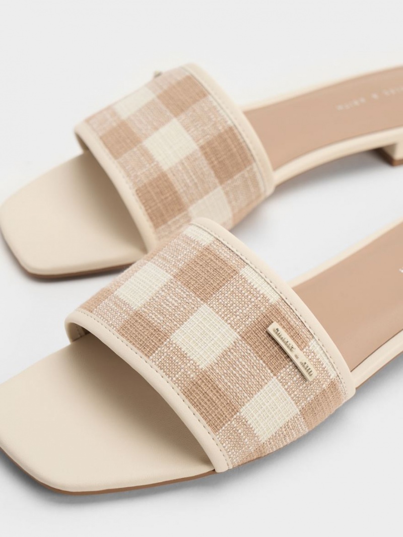 Charles & Keith Woven Gingham Flate Sandaler Beige | JTMOK2043