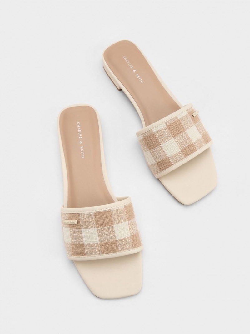 Charles & Keith Woven Gingham Flate Sandaler Beige | JTMOK2043