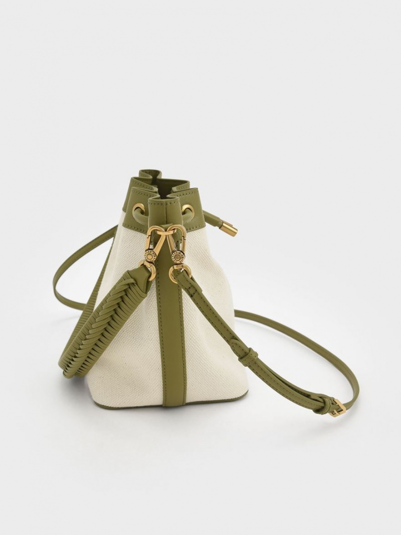 Charles & Keith Woven Handle Canvas Bøtteposer Olivengrønne Pisket Krem | WDLIH5274