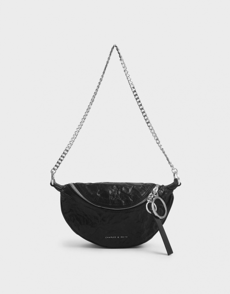 Charles & Keith Wrinkled Effect Ring Zip Tassel Crossbody Veske Svarte | KCGHT5861